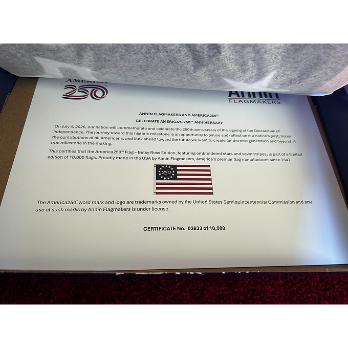 BETSY ROSS AMERICA 250 LIMITED EDITION EMBROIDERED/SEWN 3X5' NYLON OUTDOOR FLAG